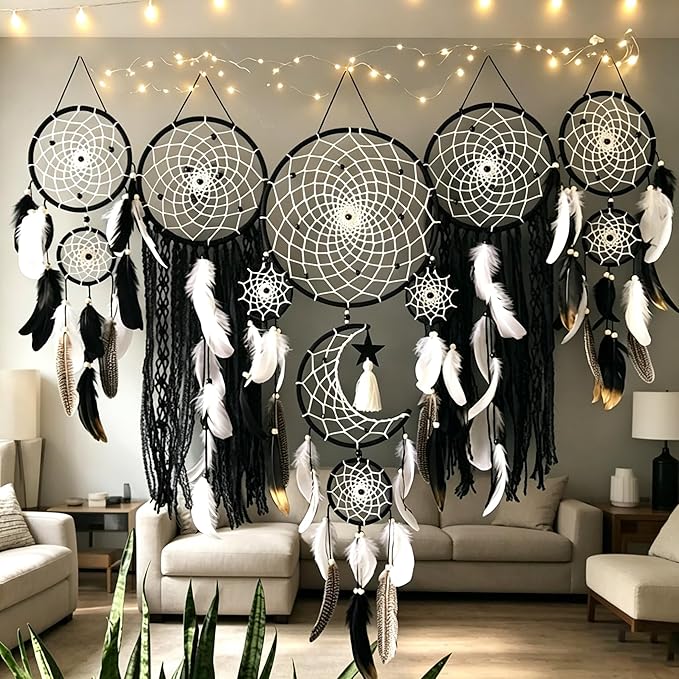 Set of 5 Boho, Hanging Large Boho Dream Catcher Macrame Wall Hanging Moon Dream Catcher Set Dream Catchers Wall Decor for Vintage Wedding Home Decorations (Black)