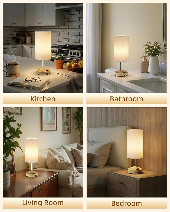 EZVALO Cordless Table Lamp, Ambient Light, Dimmable, Touch, Timer, 2700K, Bedroom, Portable, LED, Wireless, Rechargeable, Battery Operated, Desk Lamp, Fabric Shade, Wood-Grain Finish, Living Room