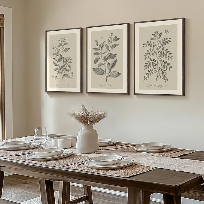 Framed Vintage Botanical Wall Art, 3 Piece Neutral Floral Plants Canvas Painting Prints Artwork for Living Room, Rustic Flowers Pictures for Farmhouse Bedroom Kitchen Dining Room Home Decor, 16x24 In