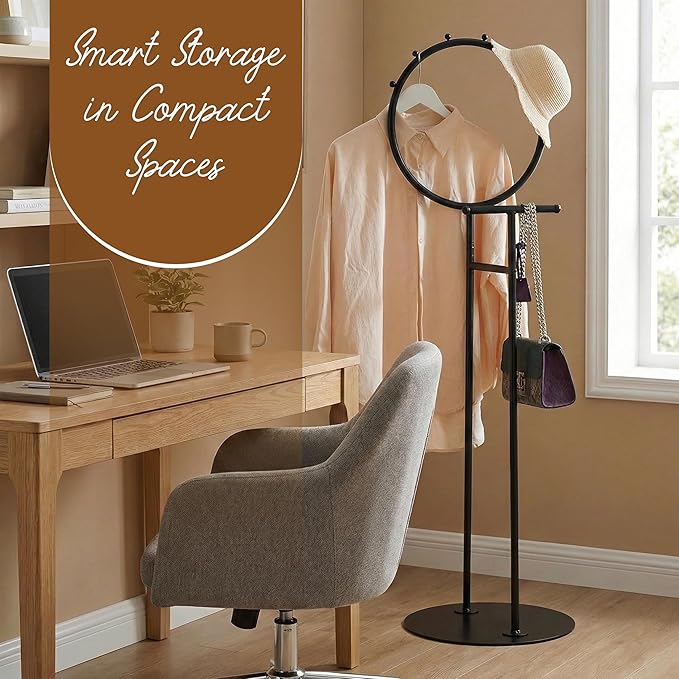 Kings Brand Furniture Cheska Suit Valet Stand with Circular Frame - Tie Jacket Clothes Hooks, Freestanding Clothing Organizer, Black