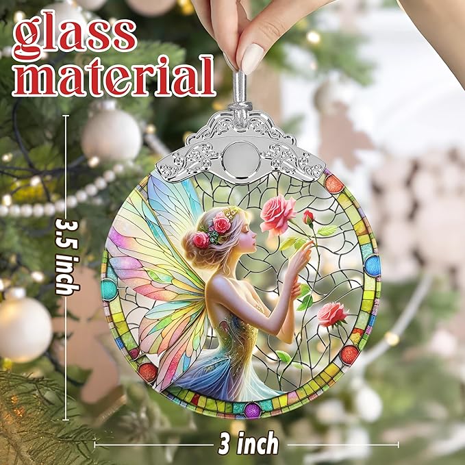 Jocidea Enchanting Fairy & Rose Stained Glass Hanging Decor - Christmas Tree Ornament - Gift for Women, Mom