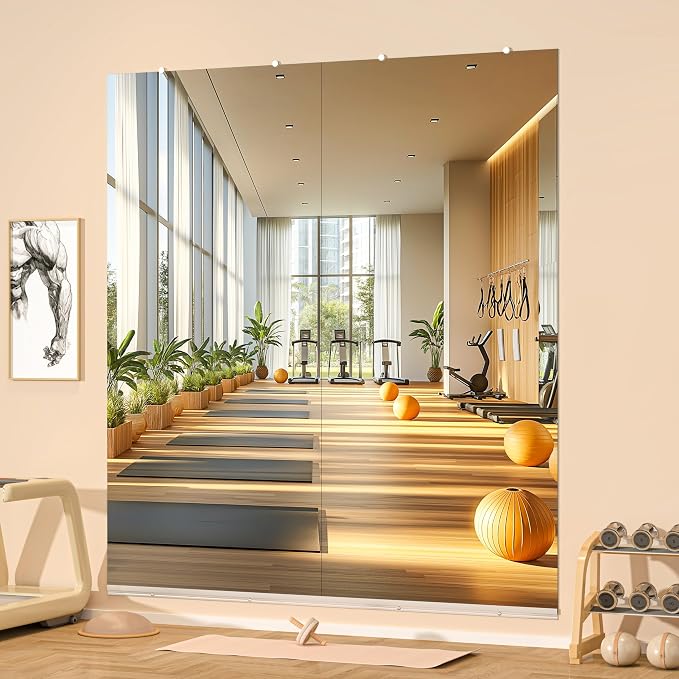 Hasipu Home Gym Mirror, 95"x40" Each, 1-Pack Frameless Wall Mounted Mirrors with Glass Clamps & 1 Aluminum Rail, Large Body Mirror for Home Gym, Yoga Studio, Bedroom, Silver Tempered Glass