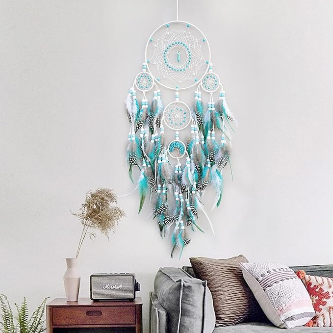 Large Dream Catchers,Boho Handmade Woven Turquoise Dream Catcher Wall Hanging Ornament for Bedroom Living Room Apartment Wedding Party Decor, Festival Blessing Gift (White+Turquoise)