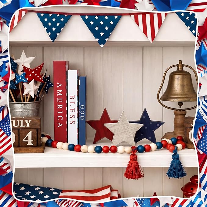 Thyle 4th of July Fake Decorative Books Wooden Star Table Signs Faux Stars Patriotic Decor Farmhouse Decoration Books for Independence Day 250th Anniversary Party Office Home Shelf Table Decor