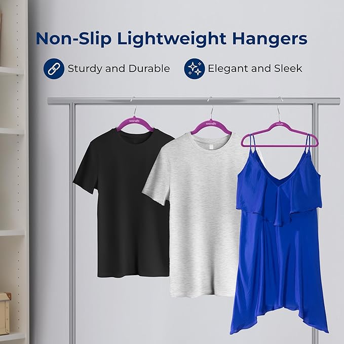 SereneLife 10 Pack Velvet Hangers – Non-Slip Clothes Hangers with Heavy Duty Design, Slim Space-Saving Coat Hangers with 360° Swivel Hook, Strong Lightweight Closet Organizer Set for Clothes (Purple)