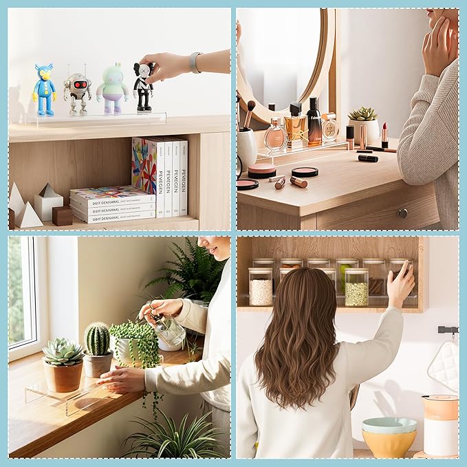 Acrylic Shelf Riser 10x3.9x1 pack of 2, Countertop Acrylic Display Storage Organizer for Shoes, Glasses, Plants, Home Decors, Perfume, Books, Dolls, 10x3.9x1 Inch
