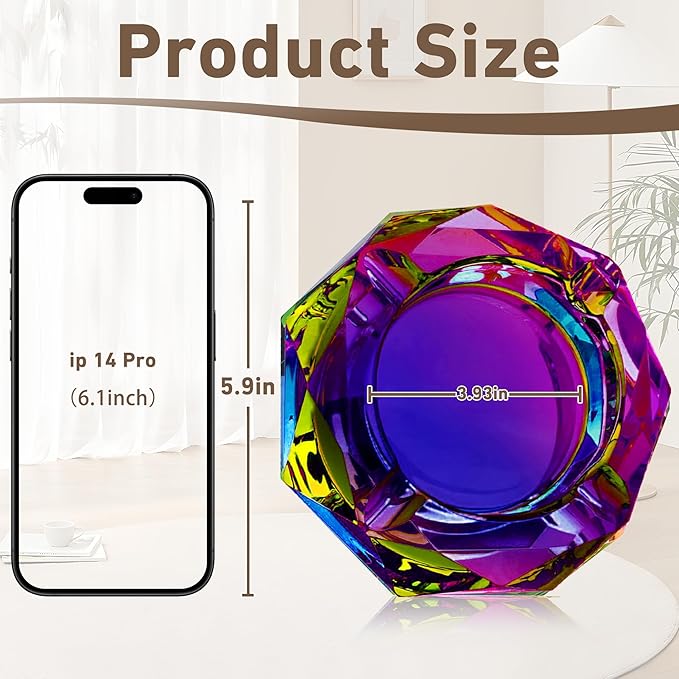 Coomin 5.9in Large Crystal Glass Ash Tray, Sparkly Cigarettes Cigar Ashtray, Ashtrays for Smokers Indoor Office Home Desktop Tabletop, Gifts for Women, Purple