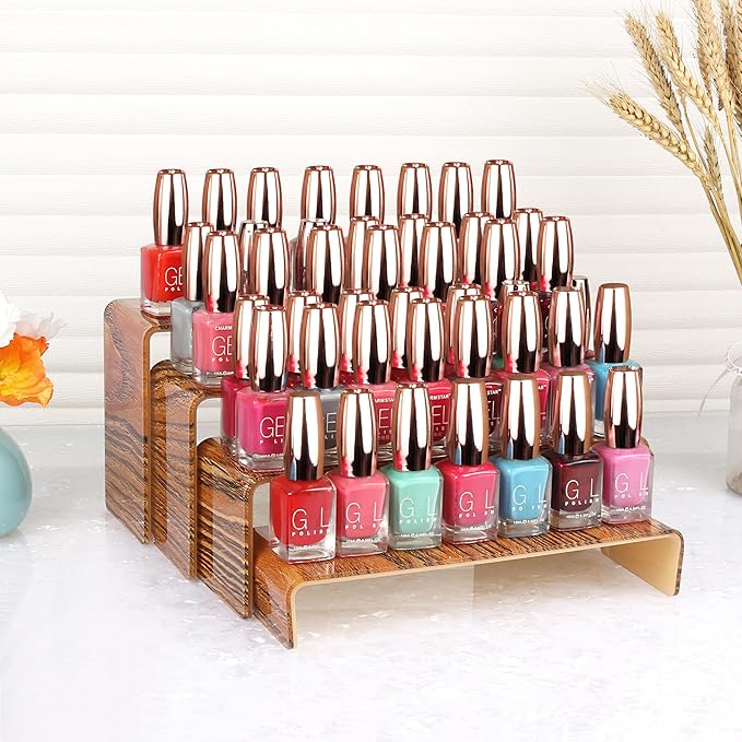 ELEGANTLIFE Acrylic Display Risers Set of 4, 4-Level Tiered Display Stands for Cupcakes, Small Figures & Jewelry, Compact Countertop Display Shelf, Multiple Colors Available (Dark Wood Grain)
