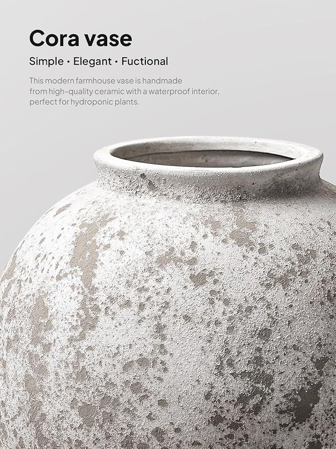 Large White Ceramic Vase - 9.8 Inch Rustic Farmhouse Vase for Home Decor, Minimalist Tall Vases for Living Room, Table, Bathroom, Holiday & Weddings (Sandstone Grey)