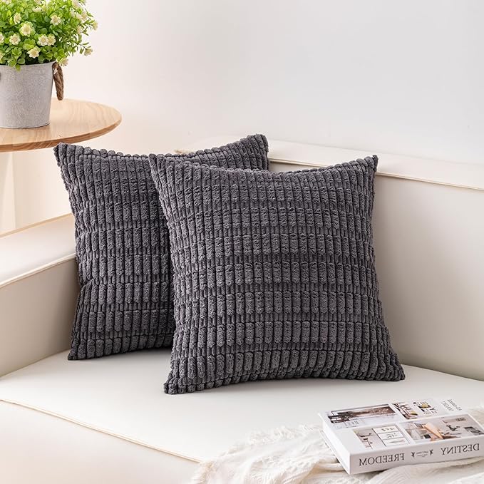 Aegero Pack of 2 Corduroy Decorative Throw Pillow Covers 16x16 Inch Soft Striped Pillow Covers Modern Farmhouse Home Decor for Sofa Living Room Couch Bed（Dark Grey）