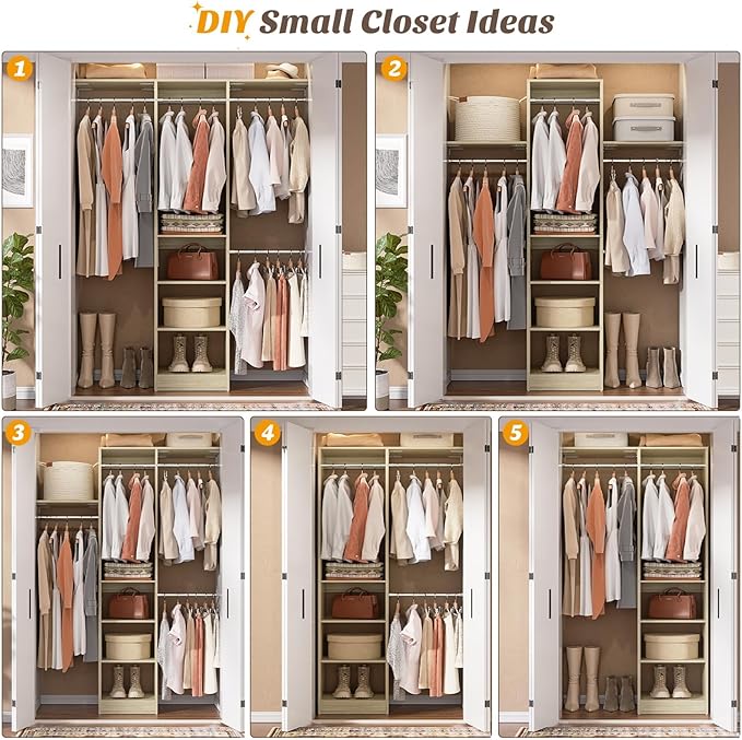 Cyclysio 4FT Small Closet System, 80"H Closet Organizer System with 4 Closets Rods & 3 Shelves, 48" Closets Organizers and Storage for Small Bedrooms, Laundry Rooms, Cloakrooms, White Oak