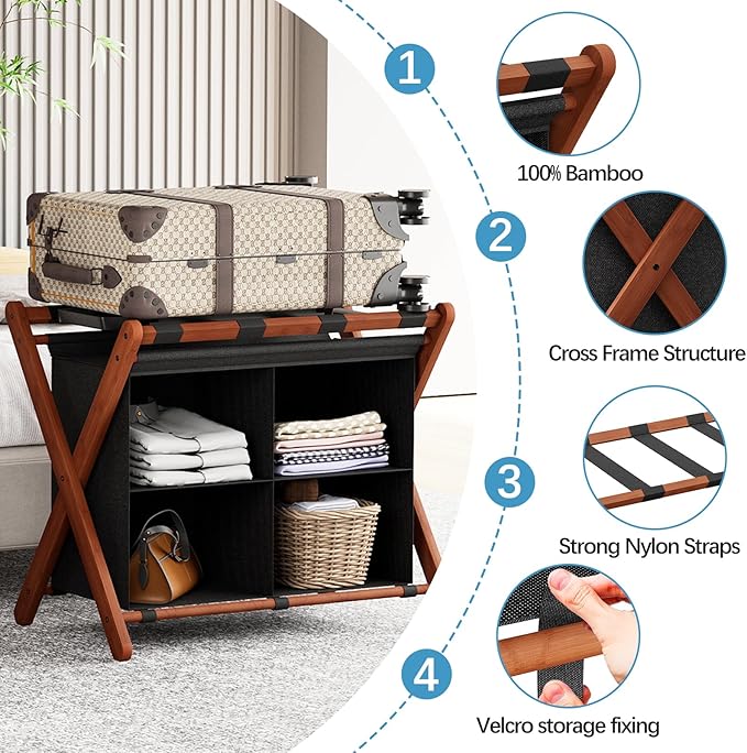Luggage Rack for Guest Room, Folding Suitcase Stand with Fabric Storage Shelf, Upgraded Bamboo Luggage Holder, Steel Foldable Luggage Stand for Guest Room, Bedroom, Hotel, Walnut