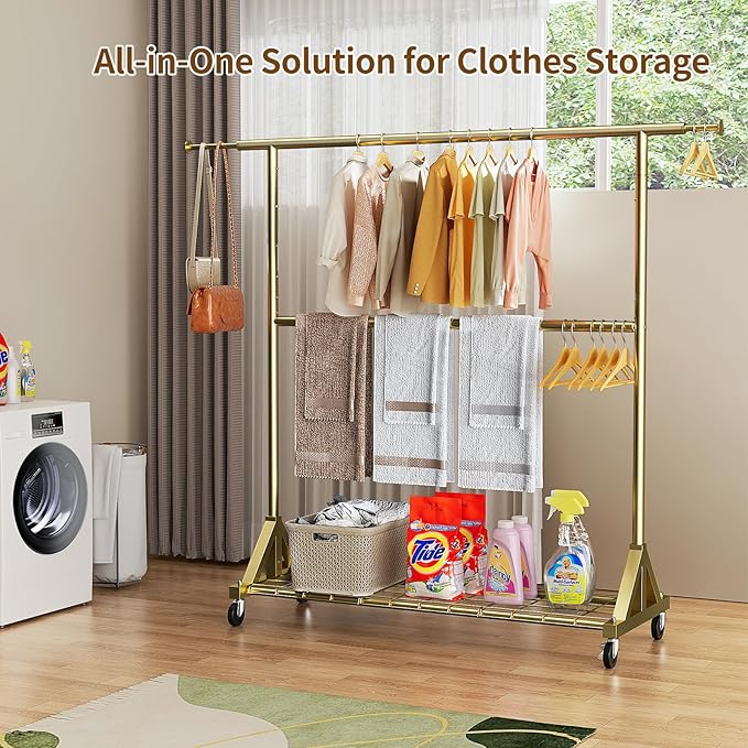 Luxspire Heavy Duty Clothes Rack Load 600 LBS, Double Rod Clothing Rack, Rolling Garment Racks with Lockable Wheels, Shelves, Adjustable Laundry Hanging Racks for Clothes, Gold