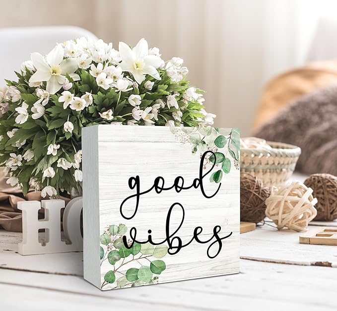 SRADMO Inspirational Botanical Eucalyptus Leaves Wood Box Sign Desk Decor, Rustic Green Eucalyptus Leaves Wooden Block Box Sign Decor for Home Office Shelf Table Decorative Accessories