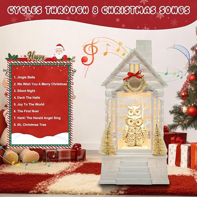 Owl Christmas Snow Globe Lantern with 8 Music Songs & 6H Timer Water Snow Globe Lantern USB & Battery Operated for Christmas Festival Decorations Gifts (Owl)