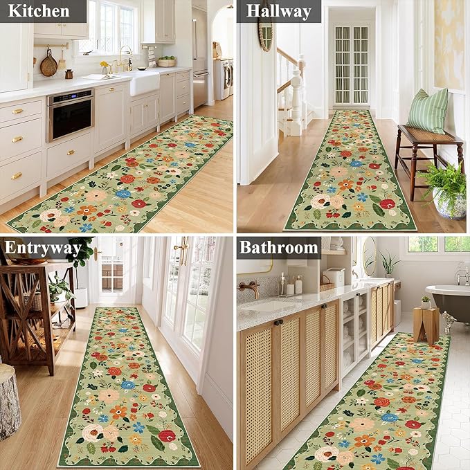 U'Artlines 2'6" x 10' Boho Runner Rug for Hallways Kitchen Colorful Floral Soft Non Slip Washable Floor Carpet Runners for Entryway Laundry Room Bathroom Green