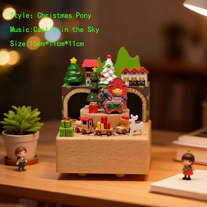 Natural Solid Wood Handcrafted Beech Wooden, Musical FigureTotoro/Carousel/Fairy/Ballerina Figurine,Rotating Hand Crank Mechanism Music Box,Musical Decorations (Christmas and Pony)