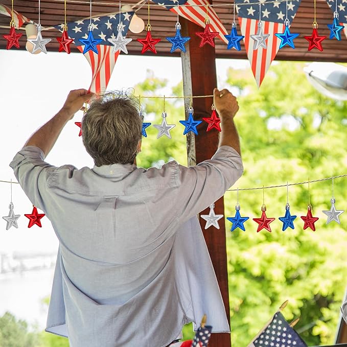 24PCS 4th of July Decorations for Tree, Patriotic Star Shaped Ornaments, Pre-Assembled Red Silver and Blue Star Ornaments, 250 Anniversary USA Merchandise for Memorial Day Fourth of July Party Decor