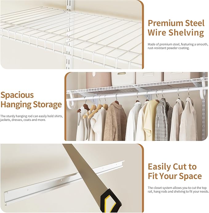 5-8 Ft Closet Organizer System, White Adjustable Custom Metal Wire Shelving Wall Mounted, Expandable Organization and Storage Shelf Kit with Hanging Rods