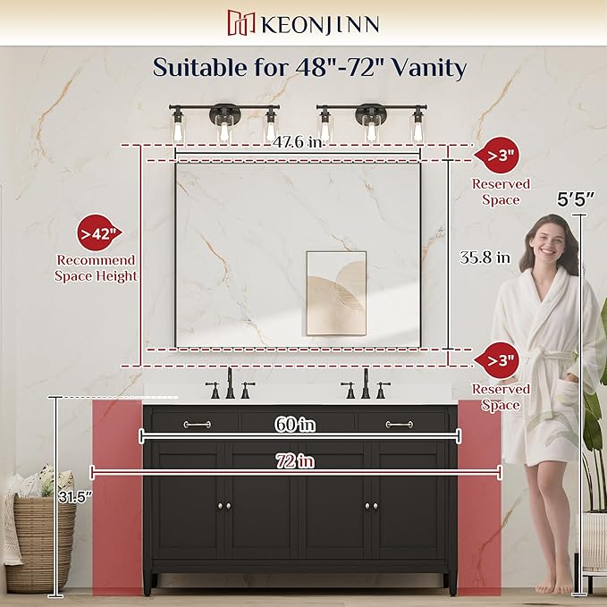 Keonjinn 48 x 36 Inch Black Bathroom Mirror, Large Rectangle Mirror for Vanity, Matte Black Metal Framed Farmhouse Mirrors, Square Corner Rectangular Wall Mirrors for Over Sink(Horizontal/Vertical)