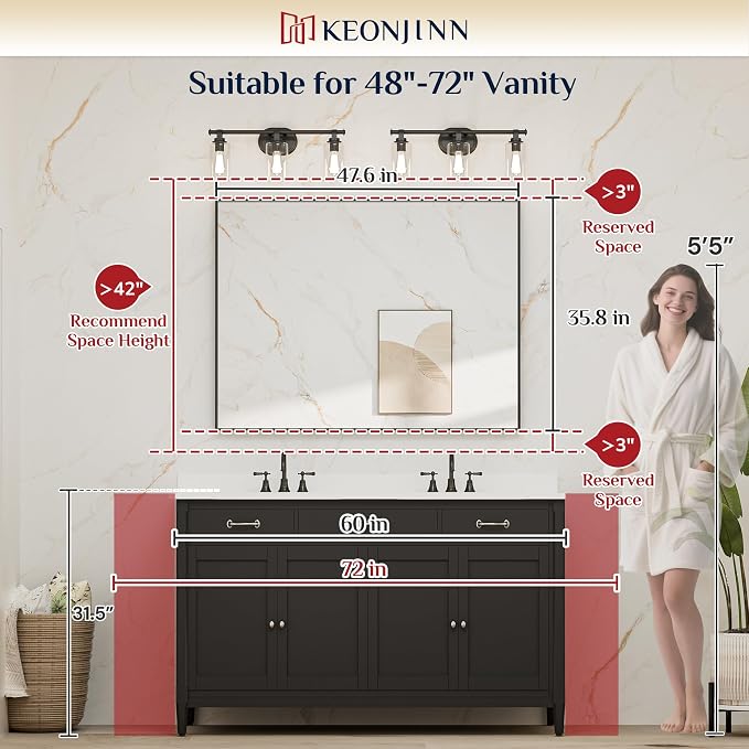Keonjinn 48 x 36 In Brushed Nickel Bathroom Mirror, Rectangular Metal Framed Wall Vanity Mirror for Over Sink Square Corner Aluminum Alloy Modern Farmhouse Rectangle Silver Mirror(Horizontal/Vertical)