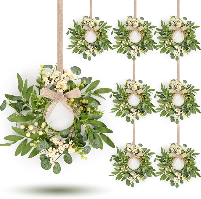 8 Pcs Green Eucalyptus Wreaths for Pillars Spring Summer Kitchen Cabinet Swag Wreaths Mini Green Berry Leaves Wreath with Ribbon for Front Door Porch Wall Window Farmhouse Decoration