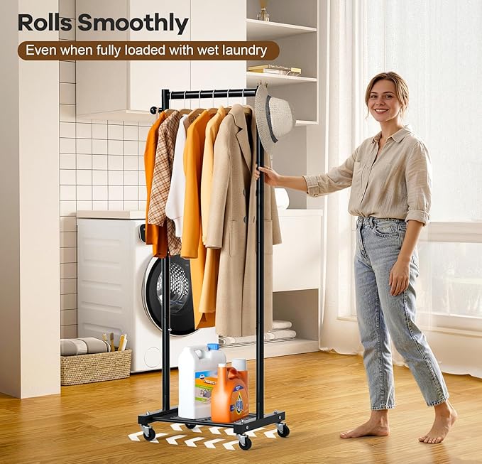 MISSLO Small Clothes Racks for Hanging Clothes Clothing Rack with Wheels 60" Metal Garment Rack with Shelves Portable Rolling Wardrobe Rack for Small Space, Black