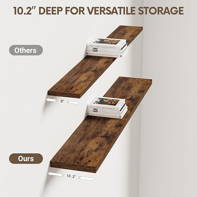 Vivelove 10 Inch Deep Floating Shelves 48 inch Long, 47.2 x 10 Wide Wall Shelves with Invisible Brackets, for Bedroom Bathroom Living Room Kitchen Office, Farmhouse Home Decor, Set of 2, Rustic Brown