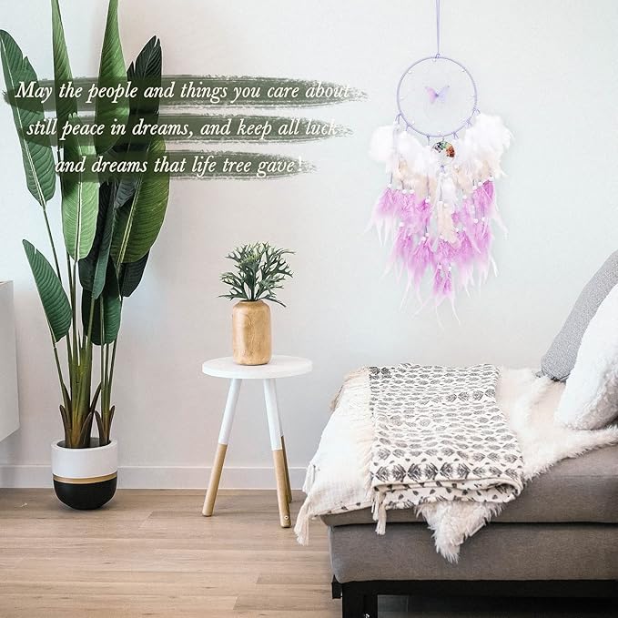 Dreamlike Butterfly Tree of Life Dream Catcher Wall Decor Purple Dream Catcher with Crystal Stone Handmade Feather Dreamcatchers Home Decor Wall Hanging for Girls Bedroom Wedding Craft Gift-29.5"