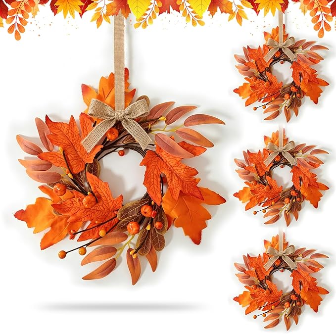 4 PCS Mini Fall Wreaths for Kitchen Cabinet 9 Inch Fall Maple Leaf Wreath for Front Door Small Autumn Hanging Wreath Thanksgiving Candle Ring for Farmhouse Home Porch Wall Window Table Decoration