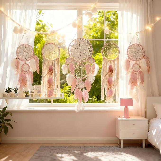 5 Pack Moon Phase Dreamcatcher Set Boho Wall Decor, Boho Macrame Wall Hanging Dream Catchers, for Home, Bedroom, Living Room, Witchy Gifts (Pink)