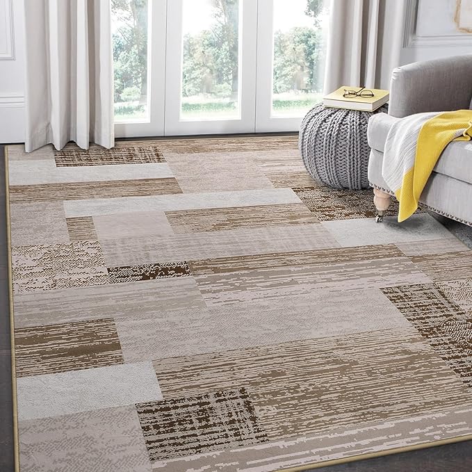 FlyDOIT Modern Geometric Patchwork Area Rug, 5x8 Beige Large Rugs for Living Room, Rockwood Collection Indoor Rugs for Bedroom, Throw Carpet Floor Decor for Entryway Dining Room Office Nursery