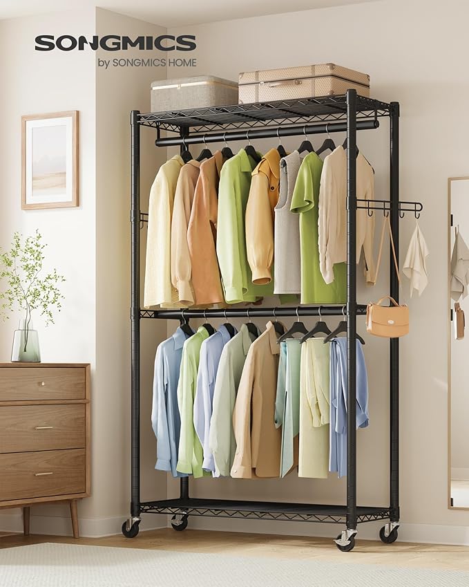 SONGMICS Heavy-Duty Rolling Clothes Rack, Garment Rack, Portable Closet on Wheels, with Adjustable Mesh Shelves and Hanging Rails, Hooks, 15.8 x 35.4 x 78.3 Inches, Ink Black ULGR416BH01