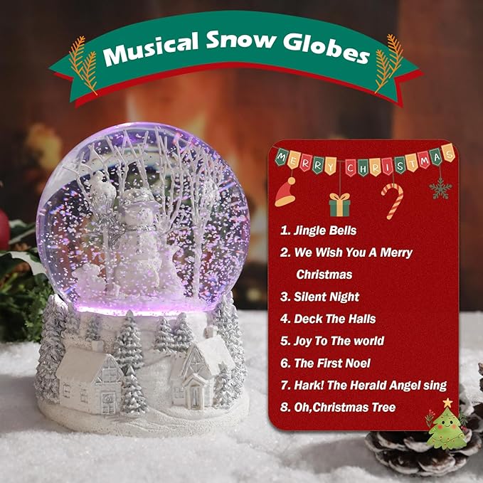 Christmas Snow Globe Musical Snowman Country Village Silver Xmas Tree White Water Snow Globes LED Light Change Music Box Home Christmas Decor for Kids Snowman Snow Globes