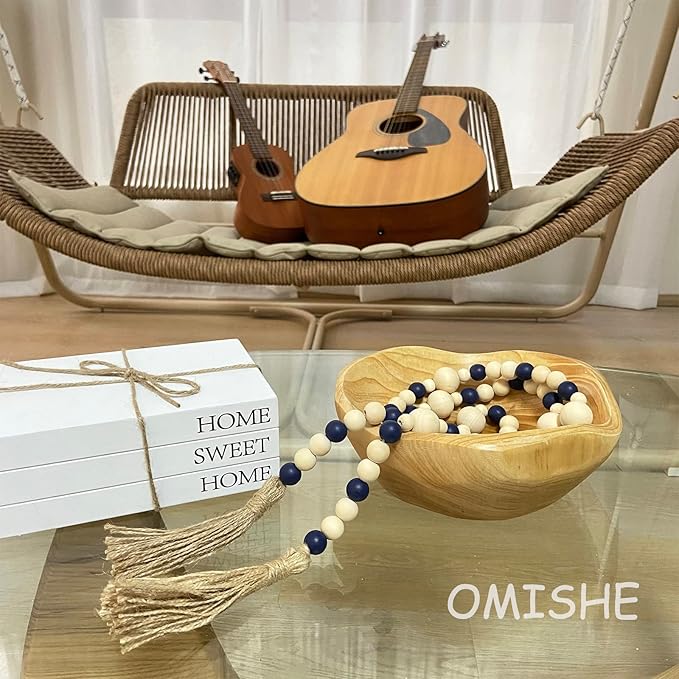 OMISHE Wood Bead Garland with Tassels 61 Inches, Decorative Beads Decor, Boho Farmhouse Wooden Beads Garland for Home Tiered Tray Decor, Navy Blue