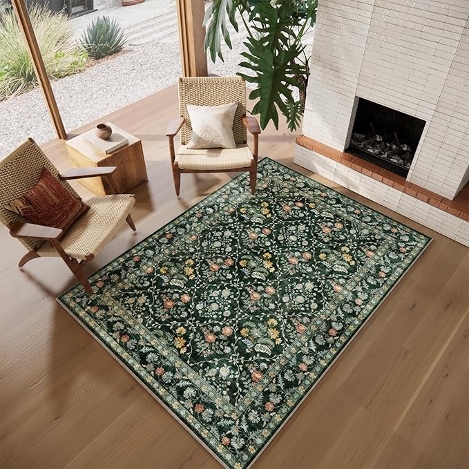 Vintage Botanical Dark Green Area Rug 5x7 Elegant Floral Pattern, Durable Stain-Resistant Fabric, Perfect for Living Room, Bedroom, Dining Room Decor