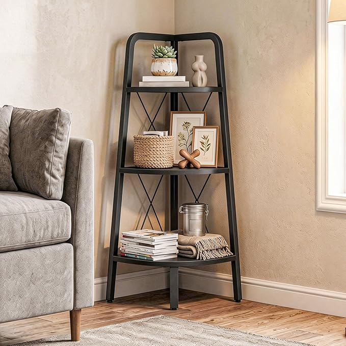HOOBRO Corner Shelf, 3-Tier Corner Shelf Stand, 40" Tall Ladder Bookshelf, Industrial Corner Display Shelf Plant Stand for Living Room, Kitchen, Home Office, Black BB143CJ01