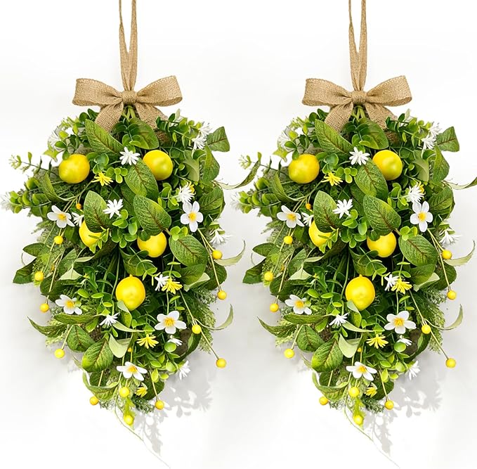 2 Pack 22'' Lemon Swag Wreaths for Cabinets Spring Summer Teardrop Wreath with White Daisy Flowers Artificial Lemon Teardrop Wreath with Bow for Farmhouse Front Door Porch Window Wall Hanging Decor