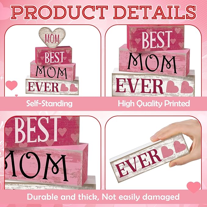 Yuntau 4 Pcs Mothers Day Table Decorations Mothers Day Tiered Tray Decor Mom Wooden Sign Mothers Day Centerpiece Decorative Faux Book Stack Block for Coffee Table Fireplace Mantel Floating Shelf