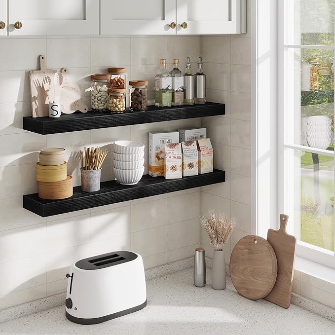 Fun Memories Floating Shelves for Room Wall, 36 Inch Long Shelf Set of 2， Hanging Wood Shelves for Storage & Display, Black
