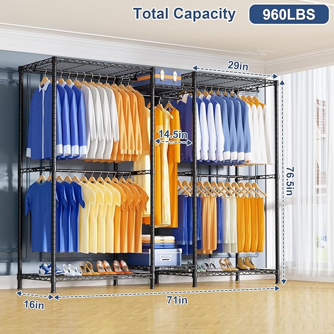 Ulif E12 Pro Clothes Rack，Heavy Duty Freestanding Garment Rack with Shelves，Metal Clothing Closet Storage System for Hanging Clothes，71" W x 16" D x 76.5" H, Hold 960 lbs，Black