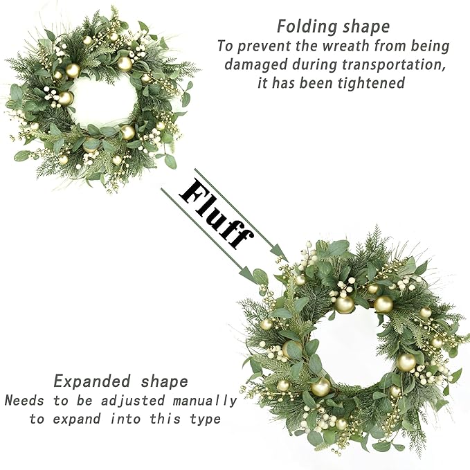 WreathDream 20 inch Artificial Christmas Wreath Winter Wreath for Front Door with Champagne Gold Berry,Christmas Balls for Front Door Farmhouse Indoor Outdoor Holiday Home Decor