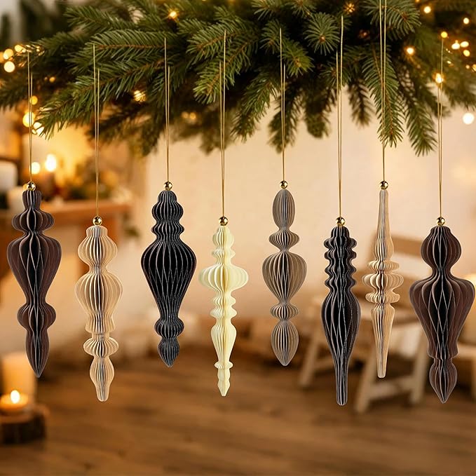 12Pcs Christmas Honeycomb Ornaments for Tree, 3D Paper Honeycomb Hanging Decorations Vintage Finial Christmas Ornaments Lanterns for Xmas Tree New Year Holiday Party Home Decor, Brown Khaki Beige