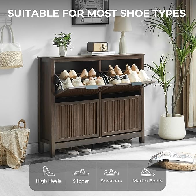 4 Flip Drawers Shoe Cabinet Storage for Entryway, Narrow Hidden Shoes Cabinet Organizer Front Door Entrance Thin Free Standing Front Door Shoe Rack Storage for Entryway(Brown)