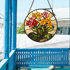 Stained Glass Window Hanging, Yellow Red Flowers Sun Catcher for Window Door Home Decor Green Plant Suncatcher Christmas Mother's Day Birthday Gifts for Women Men Mom and Nana 6.3 in