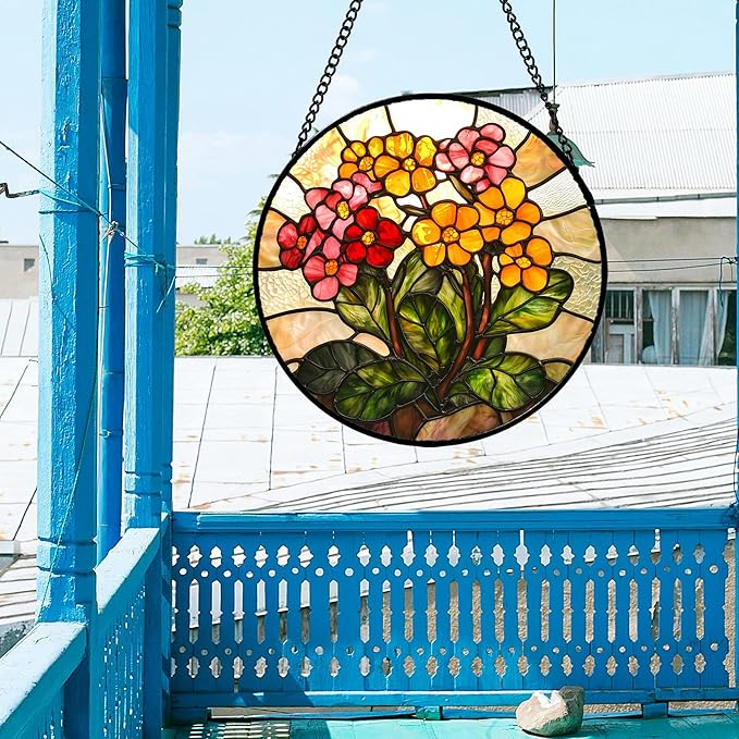 Stained Glass Window Hanging, Yellow Red Flowers Sun Catcher for Window Door Home Decor Green Plant Suncatcher Christmas Mother's Day Birthday Gifts for Women Men Mom and Nana 6.3 in