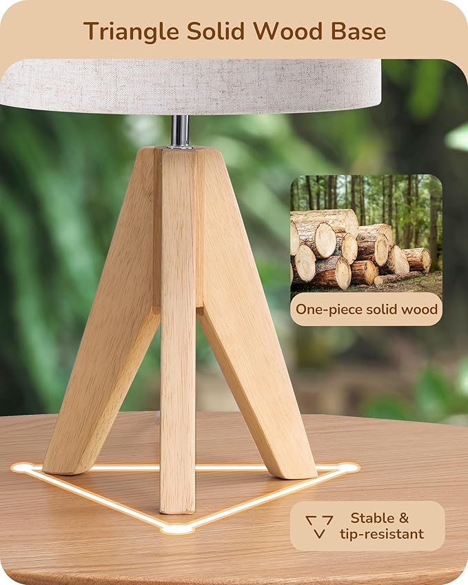 EDISHINE Small Table Lamp, Boho Bedside Lamp with Linen Fabric Shade, Wood Tripod Nightstand Lamp for Nursery, Living Room, Bedroom, Narrow End Table, UL Listed, 14.2 Inch, ON/Off Switch