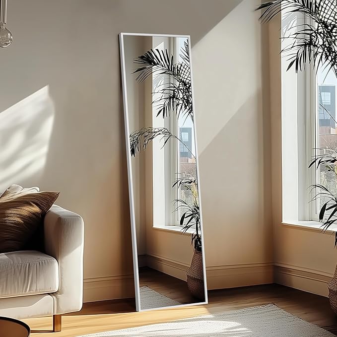 Delma Full Length Mirror,Large Floor Mirror with Aluminum Frame for Bedroom, Bathroom, Living Room,Wall Mount or Freestanding Design, Silver, 56" L x 15" W x 1Pcs