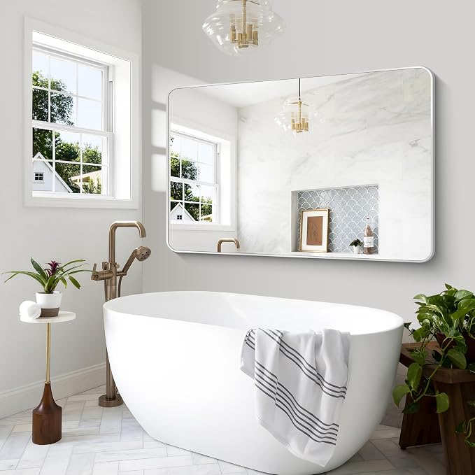 BONEWEI Silver Bathroom Mirror,60x40 inch Wall Mirror for Bathroom Wall Mounted,Rectangle Mirror for Bathroom Over Sink,Modern Frame Round Corner for Living Room,Bedroom Entryway,Horizontal/Vertical