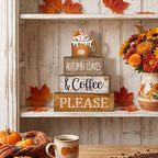 Lineshading 4 Pcs Fall Coffee Table Decor Fall Decoration for Home Wooden Stacked Block with Pumpkin Latte Topper Rustic Thanksgiving Tiered Tray Decor for Harvest Party Home Kitchen Coffee Bar